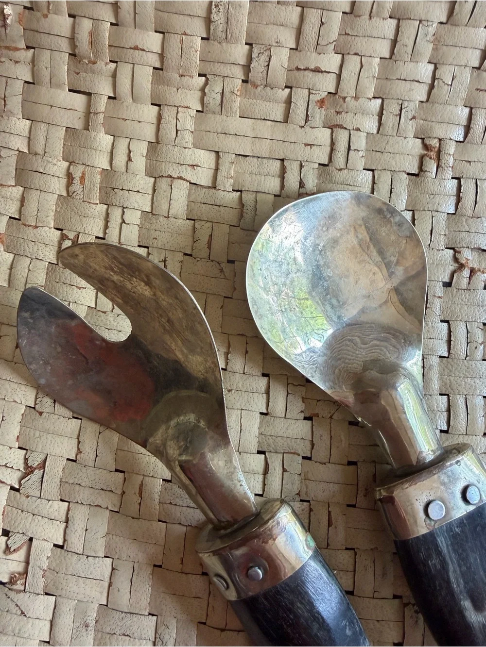 Unique Horn Handle Salad Serving Set - Black & Silver VTG